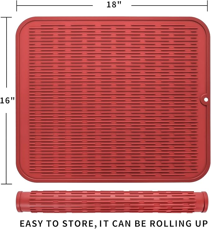 Silicone Dish Drying Mat for Multiple Usage,Easy clean,Eco-friendly,Heat-resistant Silicone Mat for Kitchen Counter or Sink,Refrigerator or Drawer Liner Red 2XL 24 inches x 18 inches