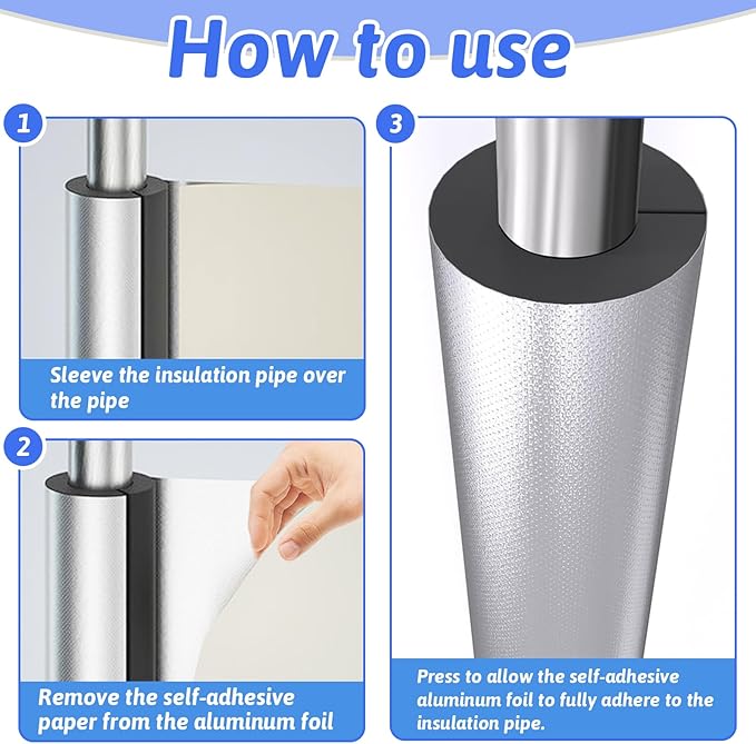 12 Pack Pipe Insulation Foam Tube, 3/4'' Self Adhesive Pre Slit Foam Pipe Covers Polyethylene with Aluminum Foil for Spigot, Winter Outside Pipes, Sprinkler, Water Heater Pipes Freeze Protection