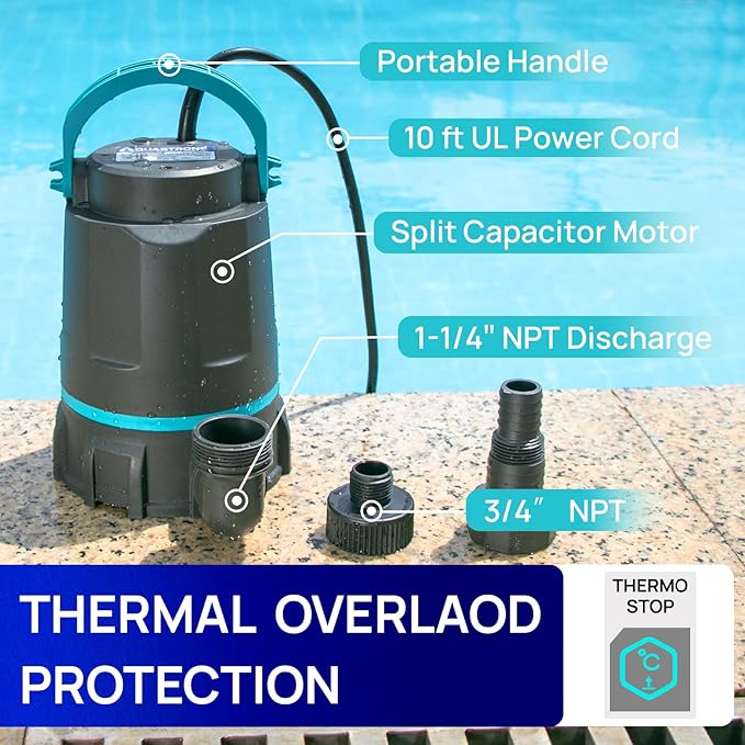 Aquastrong Sump Pump 1/2 HP Submersible Water Pump Thermoplastic Portable Utility Pump 3159 GPH High Flow Water Removal for Swimming Pool Garden Pond Basement Window Wells with 10ft Long Power Cord