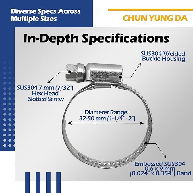 Embossed Worm Gear Hose Clamps Size#24, 1-1/4 To 2 inch Adjustable Heavy Duty Stainless Steel Hose Clamp, all 304 for Pool Hose Clamps (32-50 mm, 10 Pack)