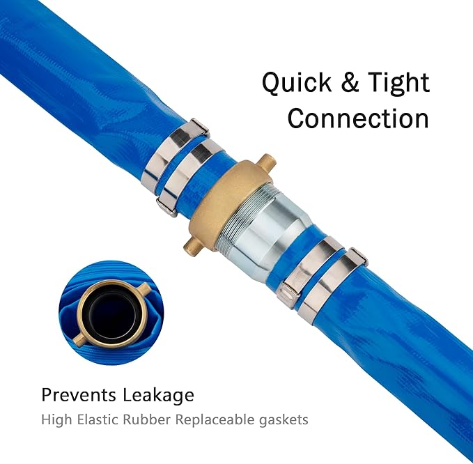 2" ID x 100 ft PVC Lay Flat Discharge Hose with NPT Pin Lug & KC Nipple Fittings, Heavy Duty Reinforced Blue Backwash Pump Hoses for Swimming Drain Pools and Clean Filters