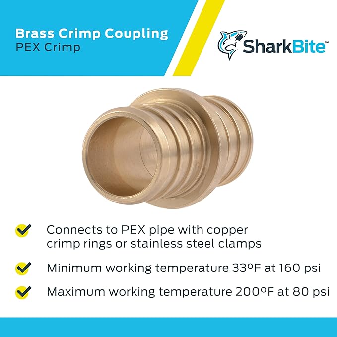 SharkBite 3/4 Inch Crimp Coupling, Pack of 10, Brass Plumbing Fitting, PEX Pipe, PE-RT, UC016LFA10