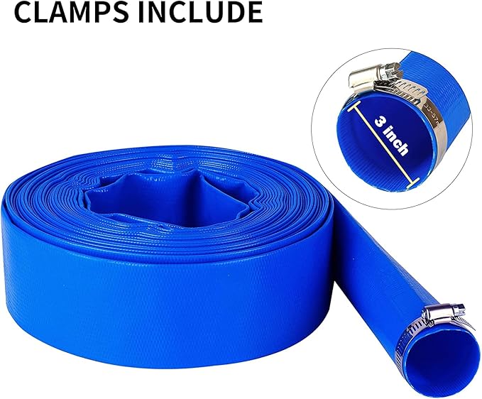 DAVCO 3" x 50 ft Pool Backwash Hose, Heavy Duty Reinforced Blue PVC Lay Flat Water Discharge Pump Hoses For Swimming Drain Pools and Clean Filters,with 1 Clamp