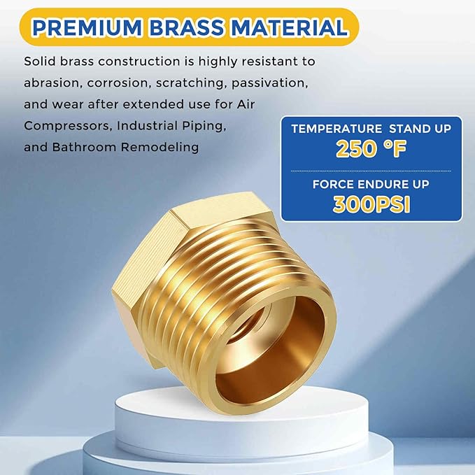 2 Pack Brass Pipe Fittings, 3/4" Male NPT to 1/4" FeMale NPT Brass Hex Bushing Reducer, Hose Tube Threaded Adapter Suitable for Air, Oil, LP, Gas