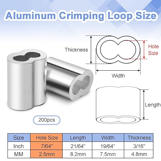 200Pcs 5/64"Cable Crimp Sleeves, Aluminum Wire Rope Crimping Loop Sleeve. Cable Ferrules for Cable and Wire Rope Crimp Double Barrel Crimp Sleeves (M2-5/64")