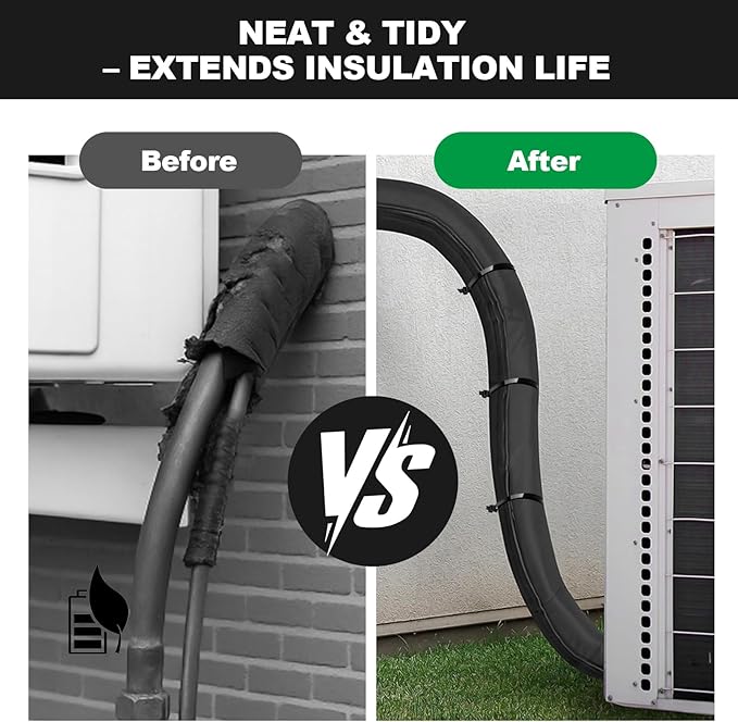 3 Layers HVAC Copper Pipe Insulation Cover Protector Outdoor 600D Oxford AC Copper Line Insulation Sleeve Wrap for Outside 72x10.2In with 10 Cable Ties for Central Air Conditioning Mini Splits