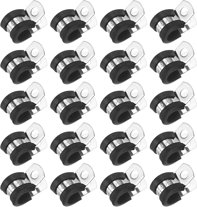 20-Pack Cable Clamps, 25/64 Inch/ 10 mm 304 Stainless Steel Rubber Cushioned Insulated Cable Clamp R Shape Metal Holder for Tube/Wire/Pipe/Loop Installation