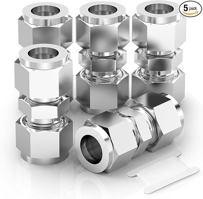TAISHER 5PCS 304 Stainless Steel Compression Tube Pipe Fitting Connector, 10MM Tube OD x 10MM Tube OD Straight Adapter