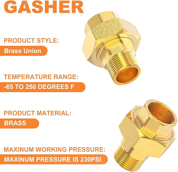 GASHER 1PC Brass Union，1/2" NPT Male x 1/2" NPT Female Pipe Fitting