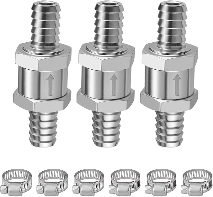EVIL ENERGY 3/8" (10mm) Check Valve, 3 Pcs Aluminum One Way Fuel Check Valve for Gasoline, Diesel & Coolant with Universal Hose Clamps, Silver