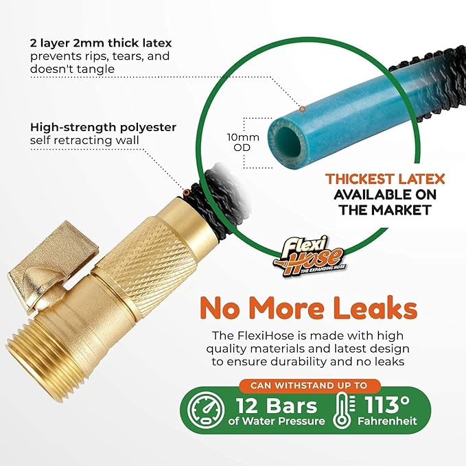 Flexi Hose PLUS with 8 Function Nozzle Expandable Garden Hose, Lightweight & No-Kink Flexible Garden Hose, 3/4 inch Solid Brass Fittings and Double Latex Core, 150 ft Black