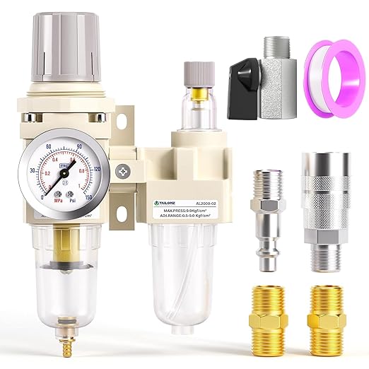 TAILONZ PNEUMATIC 1/4 Inch NPT Air Filter Pressure Regulator Water/Oil Trap Separator Combo(0-145PSI),Air Tool Compressor Filter with Gauge AC2010-02(Manual Drainage)