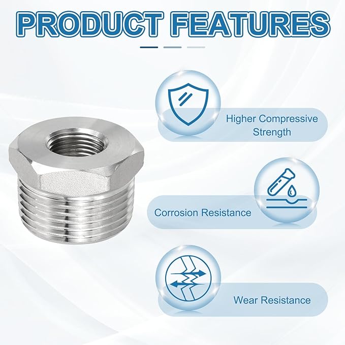 PATIKIL 304 Stainless Steel Reducer Hex Bushing 4 Pcs, 1" BSPT Male to 3/8" BSPT Female Pipe Reducing Adapter Fitting Connector for Water Gas Hydraulic Pipes Shower Hose, Silver