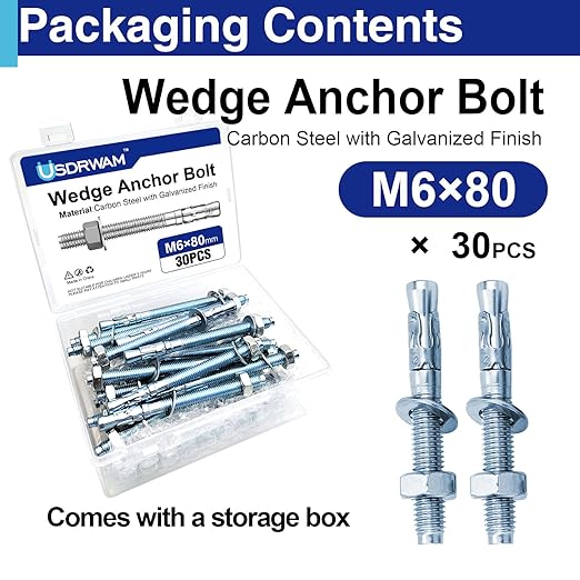 30Pcs 1/4" × 3-1/8" Concrete Anchor Bolts, Zinc Plated Carbon Steel Wedge Anchors for Cement, Brick, and Masonry