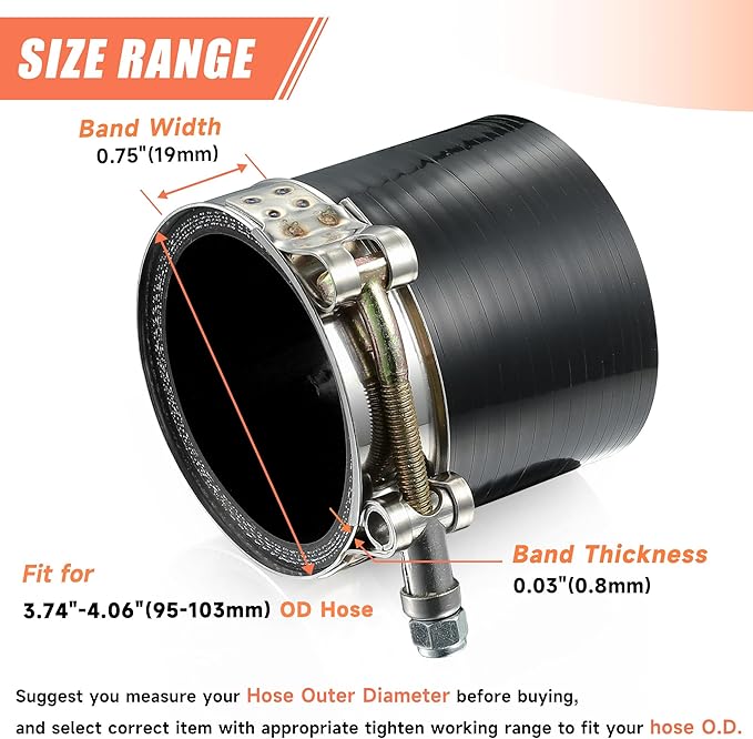 2 Pack 3.5" T-Bolt Hose Clamps, 304 Stainless Steel Turbo Intake Clamp, Working Range 3.74"-4.06"(95-103mm) for 3.5" I.D. Hose with 5mm Wall Thickness.(Measure your hose O.D. before buying)