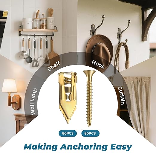 160PCS Upgraded Self Drilling Drywall Anchors with Screws Kit - 80 Corrosion-Resistant Zinc Winged Anchors + 80 Screws for Sheetrock/Gypsum Board/Hollow Walls, No Drill, Making Anchoring Easy