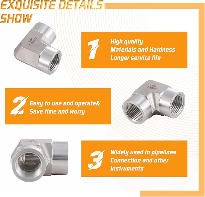 Stainless Steel Pipe Fitting 90 Degree Barstock Street Elbow 1/8" NPT Female x 1/8" NPT Female 2 Pack