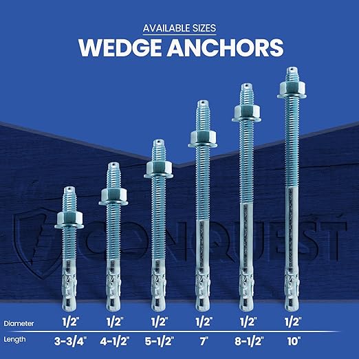 Conquest Zinc Plated Carbon Steel Concrete Wedge Anchors 1/2" x 8 1/2" - Heavy Duty Anchor Bolts for Interior Dry Environments and General Purpose Use (25 Pack)