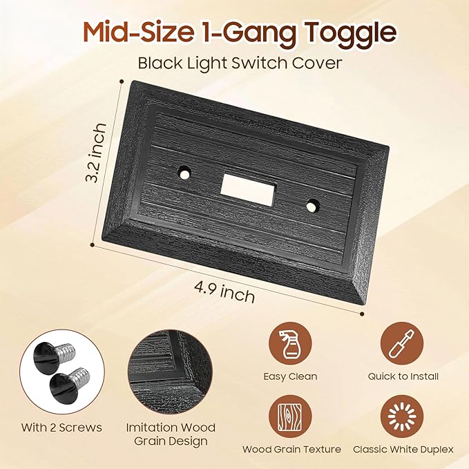 Black Light Switch Cover Plate, Modern Decorative Outlet Covers Wall Plates, Classic Retro Wood Grain Design Style (Mid-Size 1-Gang Single Toggle 4 Pack)