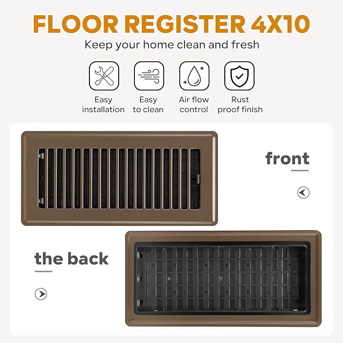 Floor Register 4x10, 6 Pack Floor Vent Covers for Home Floor Heavy Duty Steel Walkable Floor Vents Air Vent Covers for Sidewall and Floor