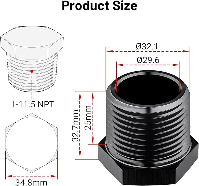 EVIL ENERGY 1" NPT Plug Male Hex Head Fitting Adapter Aluminum Black