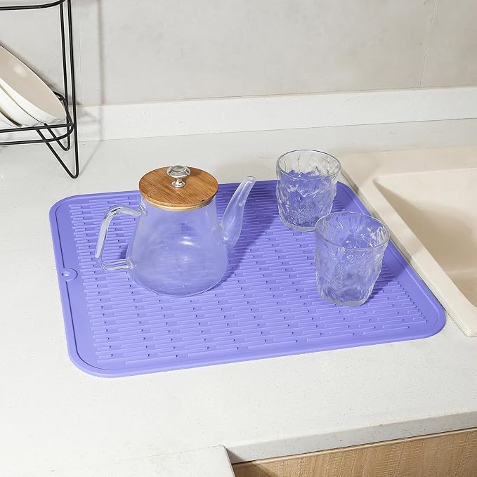 Silicone Dish Drying Mat for Multiple Usage,Easy clean,Eco-friendly,Heat-resistant Silicone Mat for Kitchen Counter or Sink,Refrigerator or Drawer Liner Light Purple XL 18 inches x 16 inches