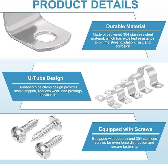uxcell 5Pcs 18mm(11/16") Two Hole Rigid Pipe Strap, 304 Stainless Steel Conduit Clamp Thicken U Bracket Heavy Duty Pipe Clamp with Self-Tapping Screws for Fixing Tube Cable, Silver