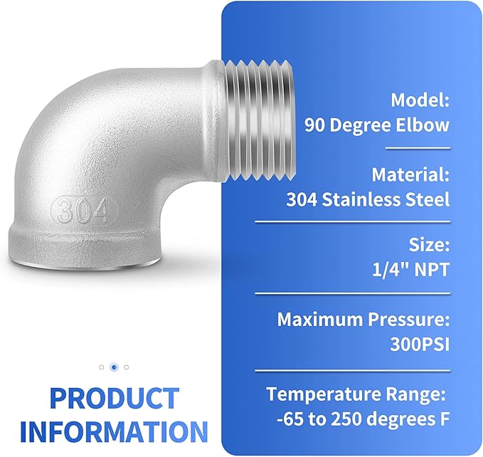 TAISHER 2PCS 304 Stainless Steel 90 Degree elbow,1/4 Inch NPT Male Pipe to 1/4 Inch NPT Female 304 Stainless Pipe Fitting