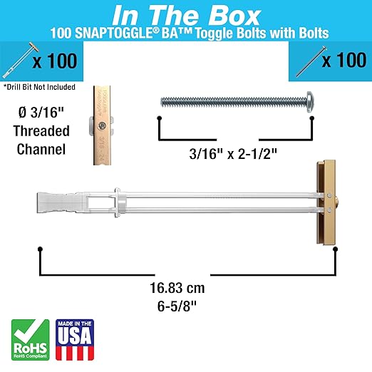 TOGGLER SNAPTOGGLE Heavy-Duty Drywall Toggle Bolt – 3/16"-24 UNC Zinc-Plated Anchor for Hollow Walls, Plaster & Tile – Holds 238 lbs in 1/2" Drywall, Easy Install – 100 Pack (W/Roundhead Bolts)