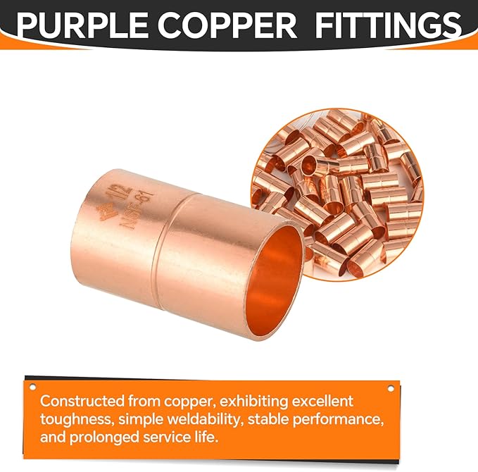 50-Pack HeSun Copper Fittings, 1/2-Inch Copper Coupling with Rolled Stop, C x C with Sweat Solder Connection(COPPER001)