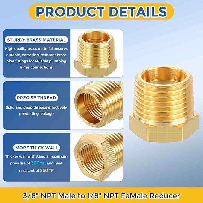 5 Pack Brass Pipe Fittings, 3/8" NPT Male to 1/8" NPT FeMale Brass Hex Bushing Reducer, Hose Tube Threaded Adapter for Air, Oil, LP