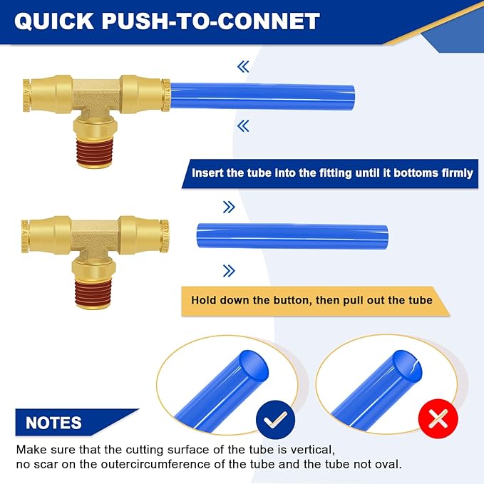 1/4“ DOT Air Line Quick Connect Fittings, 3PCS Brass Push to Connect Fittings 1/4" Tube OD × 1/8" NPT Tee Union to Male Pipe Swivel for Truck Trailers Air Brake System