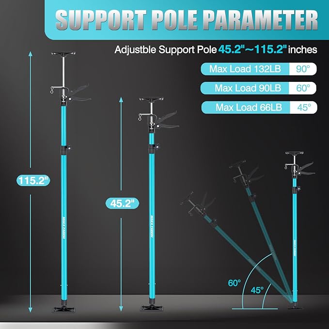 Steel Adjustable Cabinet Jack Support Pole, Quick Support Rod & Drywall Jack, Zip Wall Dust Barrier System, 3rd Hand Support System Load 132LB, Cabinet Installations Tools from 45.2-115.2 in, 2-Pack