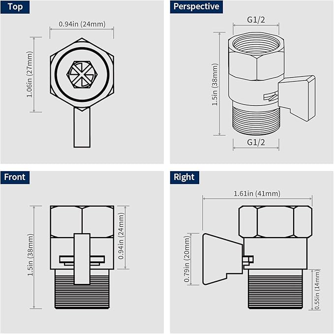 Tenfe Water Flow Control Valve for Shower Head, Brass Adjustable Water Pressure Regulator for Hand Held Shower Shut Off Valve, Polished Chrome On/off Switch G1/2 Standard Connection