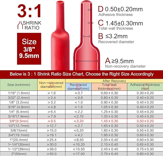Chanzon 3:1 Ratio - 80ft Roll - Heat Shrink Tubing 3/8" (9.5mm) - Marine Grade Waterproof Adhesive Lined - (25M Total Length) Red Polyolefin Sleeving Wrap Shrinking 3 to 1 Ratio 1pcs