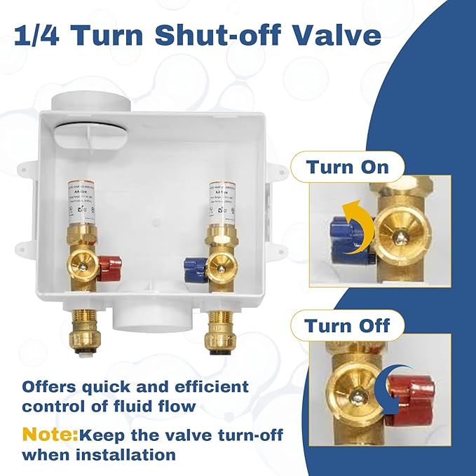 1-PACK GUOFIS Washing Machine Outlet Box with Copper Water Hammer Arrestor, PEX Laundry Washer Box with Central and Side Drain Design(1/2"Push-fit Connection Inlet X 3/4"MHT Outlet)(WM015)
