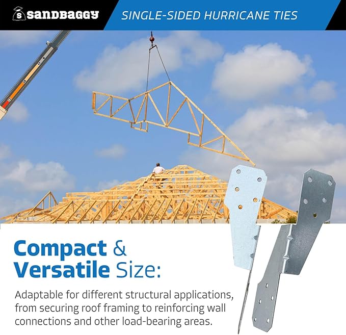 Sandbaggy Single-Sided Hurricane Ties - Hot Dipped Galvanized, 18 Gauge - Structural Wood Framing Connectors for Rafters, Trusses, Deck Joists (Single-Sided, 10, Count)