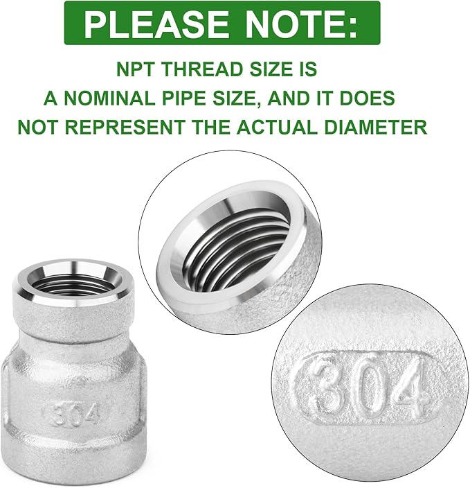TAISHER 5PCS 304 Stainless Steel Cast Pipe Fitting, Reducer Coupling, 1/2" x 3/8" NPT Female Threaded