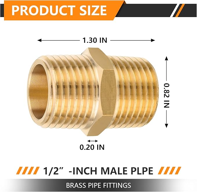 100-PCs HeSun Brass Hex Nipple Pipe Fitting, 1/2" NPT Male x 1/2" NPT Male Nipple Pipe Adapter(NPT013-100)