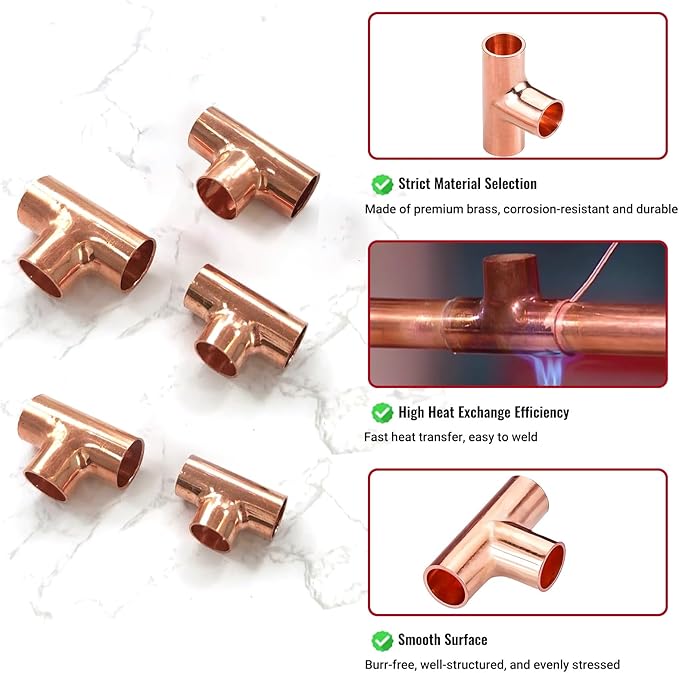 1/2" Copper Tee,Copper Three-Way Fitting Welding Joint, Sweat Solder Connection for Residential and Commercial Plumbing, HVAC Air Conditioning Systems (5 Pack)