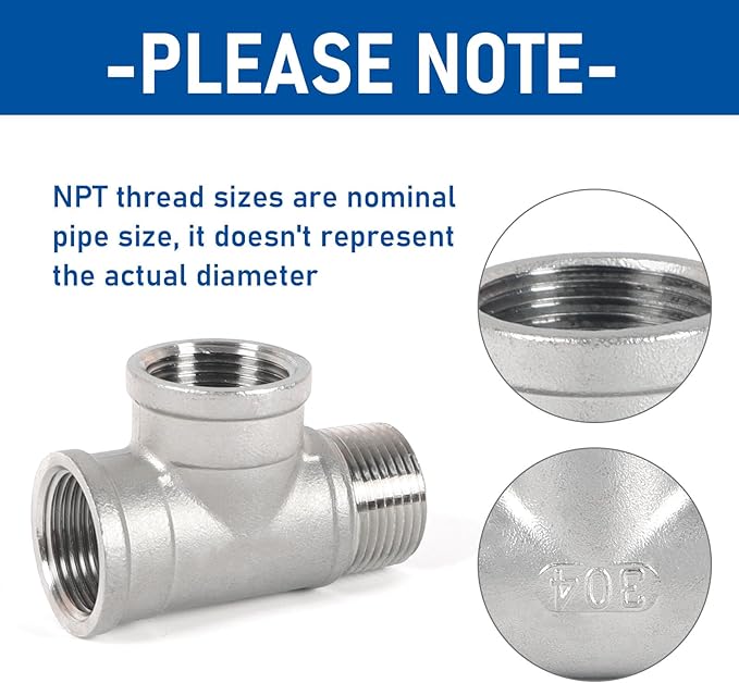 Kodilin Pipe Fittings 304 Stainless Steel Tee Pipe Fittings, Male Run Tee 1/2" NPT Female x 1/2" NPT Female x 1/2" NPT Male Thread Adapter - 4PCS