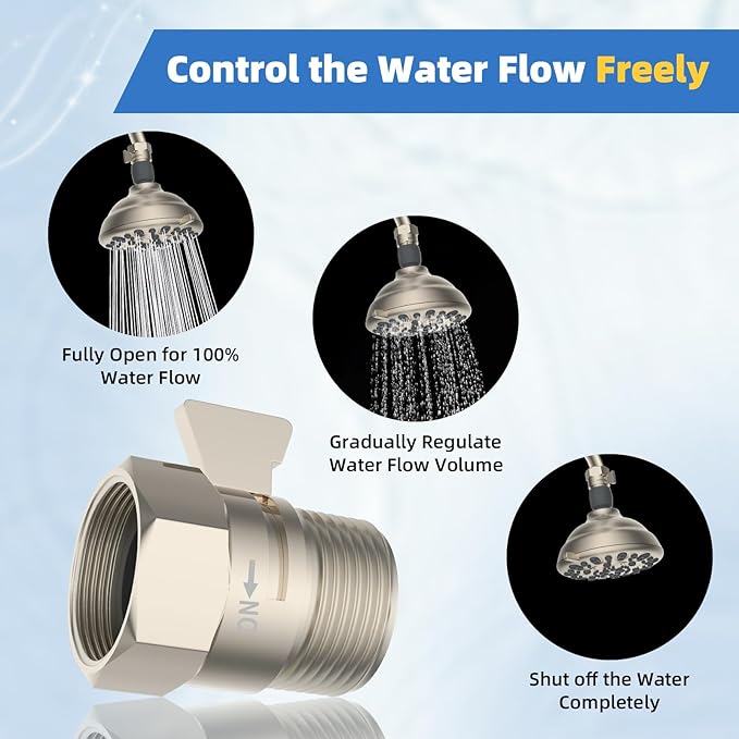 Hibbent All Metal 1 Pack Shower Head Flow Control Valve, G1/2 Brass Shut-off Valve with Metal Handle Lever, Shut OFF Water Flow Control Regulator for Handheld Shower, or Bidet Sprayer, Brushed Nickel