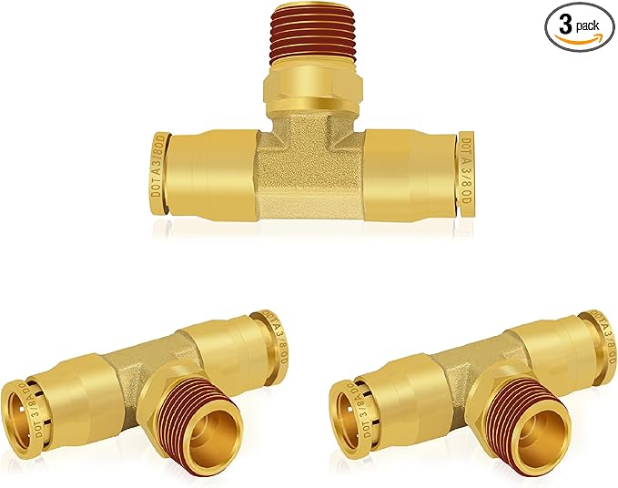 3/8" DOT Air Line Fittings Tee, 3PCS Brass Air Brake Fittings 3/8" Tube OD × 1/4" NPT × 3/8" Tube OD Push to Connect Tee Union to Male Pipe Swivel for Truck Trailers Air Brake System