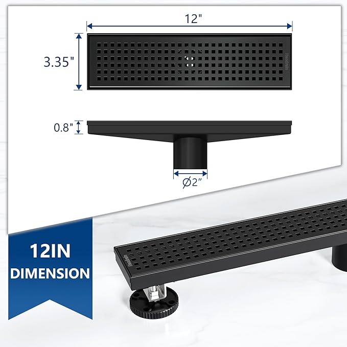 Neodrain 12-Inch Black Linear Shower Drain with Removable Quadrato Pattern Grate,Professional 304 Stainless Steel Rectangle Shower Floor Drains Manufacturer, Hair Strainer,Matte Black Linear Drain