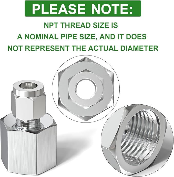 TAISHER 2PCS 304 Stainless Steel Compression Tube Pipe Fitting Connector, 3/8" Tube OD x 1/2" NPT Female Straight Adapter