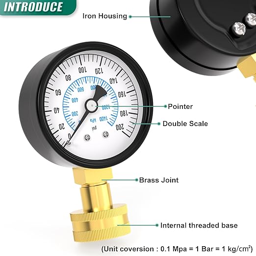 0-200PSI Water Pressure Gauge, 2.5" Dial Size, 3/4" Brass Female Lower Mount, with Sealing Ring, for Tube, Water Pump, Gas, Liquid, Home Water Pressure Tester