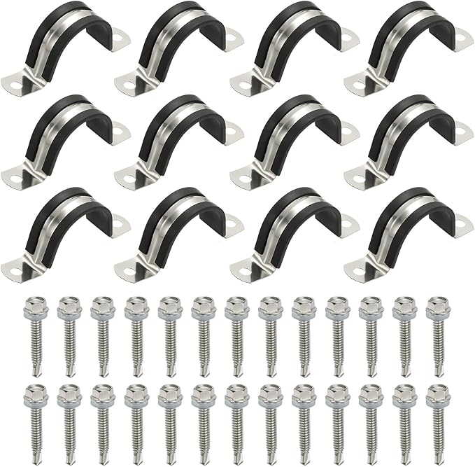 PATIKIL 12Pcs Pipe Clamps, 1-1/2 Inch 304 Stainless Steel Rubber Cushioned U Bracket Conduit Clamps Pipe Strap Wire Clips with Hexagonal Screw for Tube Hose Cord Installation, 38mm