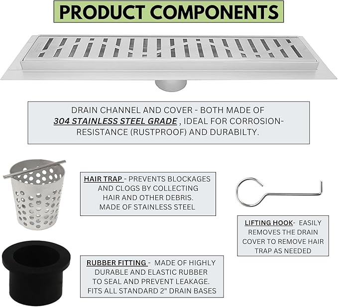 SereneDrains 304 Stainless Steel Brushed Nickel Linear Shower Drain Kit Wind Linear Shower Drains for Tile Floor Long Hair Catcher Strainer Grate Cover Bathroom (30 Inch)
