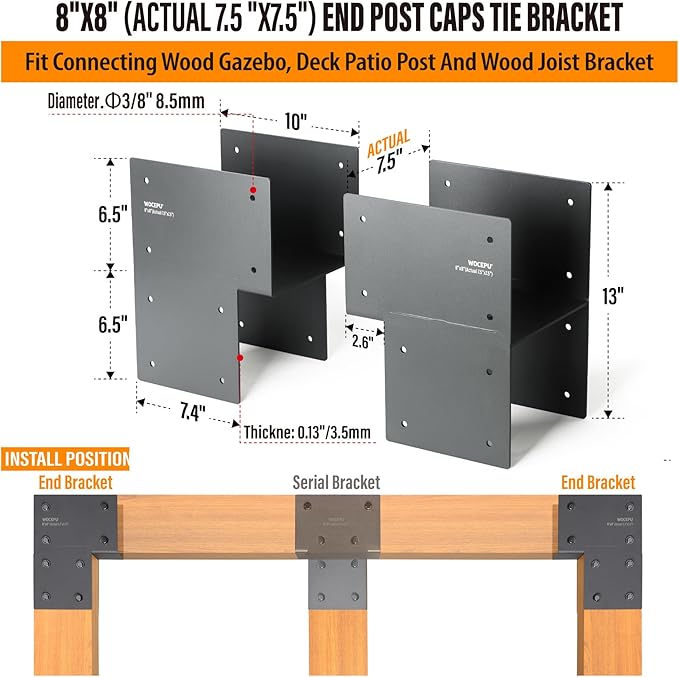 2 Pack Heavy Duty 8x8 (Actual 7.5"x7.5") Stainless Steel End Post Caps Tie Bracket , Fit Connecting Wood Gazebo, Deck Patio Post and Wood Beams Bracket (End Dark Ggray)
