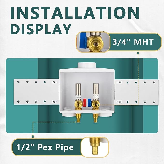 (Pack of 2) Niikappu Washing Machine Outlet Box, 1/2 Inch Pex Crimp Inlet x 3/4 Inch MHT Outlet Connection, Washer Box with Double Drains, with Stainless Steel Water Hammer Arrestor